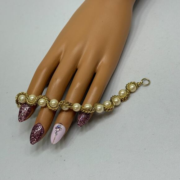 Vintage Bracelet Art Deco Gold Tone Faux Pearl Scrolling Rope Chain 7 in Estate - Picture 5 of 6